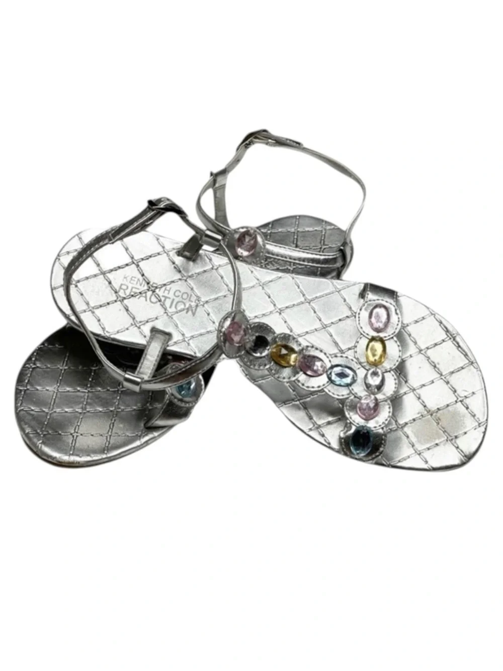 Reaction Kenneth Cole 𖦹 Crystal T Strap Flat Sandals 𖦹 Silver + Crystals 𖦹 2M